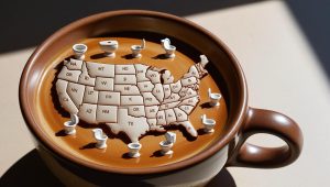 AI generated image of toilets in a coffee cup and a map of the USA